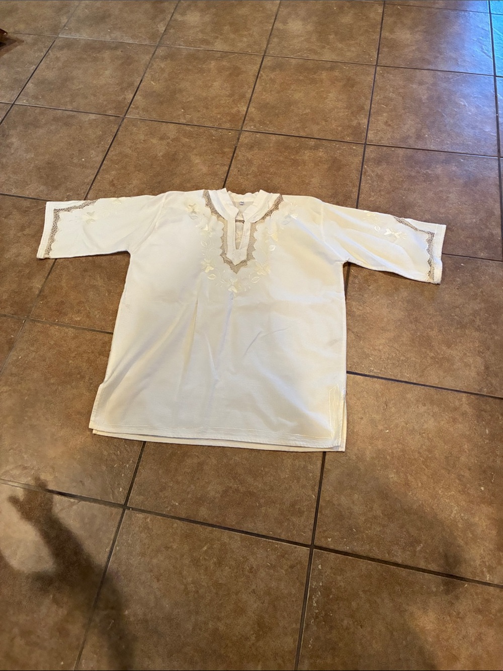 Cream Embroidered V-Neck Tunic Top